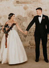 Miranda | Deep V Neck Spaghetti Strap Satin Drop Waist A Line Wedding Dress - Ivory - PromDressClub